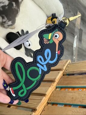 Novelty 'Love' Lowly Worm Keychain Charm in Black with Green & Blue Accents